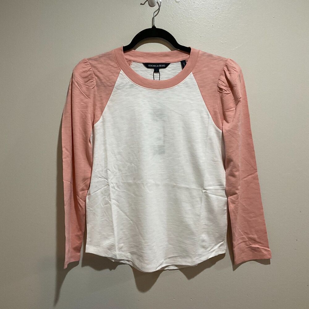 Veronica Beard White Front Blush Pink Raglan Long Sleeve Tee